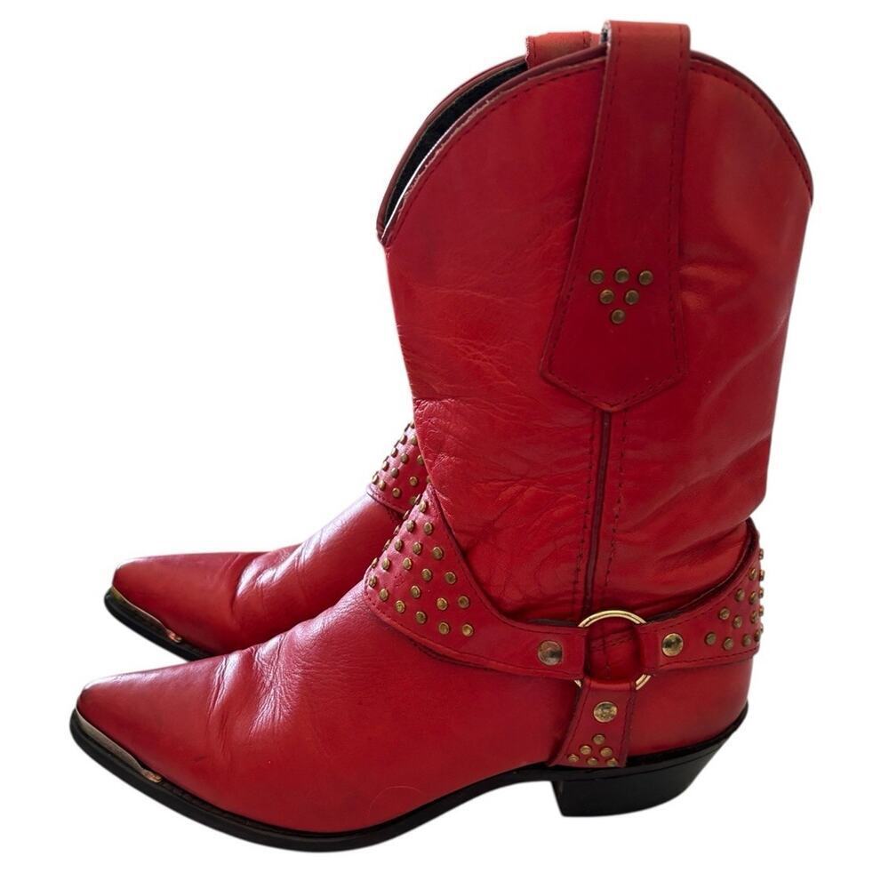 Wrangler Red Leather Studded Cowboy Hippie Boho Western Biker Boots 7.5M 80s 90s - Picture 2 of 12
